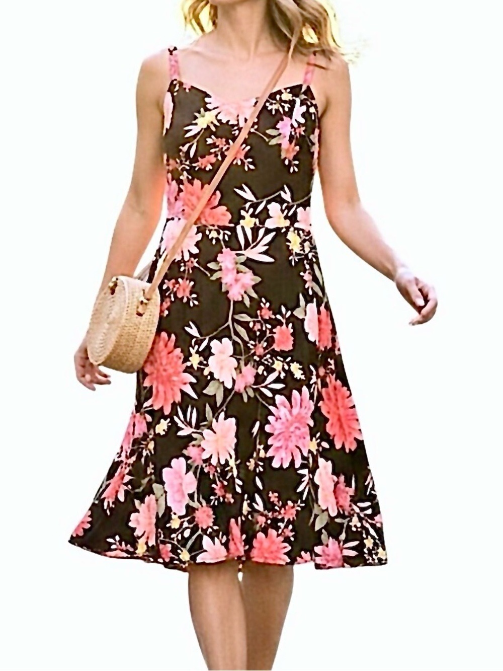 Black pink red floral cottagecore fit and flare summer cami midi dress S Tall